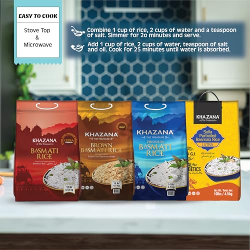 Authentic Premium Basmati Rice by Khazana in 10 lb Bag - Aromatic and Flavorful Indian Grain - Non-GMO, Gluten Free, Kosher, Cholesterol Free