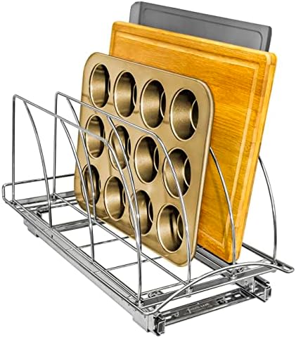 LYNK PROFESSIONAL® Pull Out Cookie Sheet Organizer for Cabinet – Baking Sheet Organizer – Sheet Pan Organizer - Lifetime Ltd. Warranty – 10” x 21” Deep Inside Cabinet, Chrome