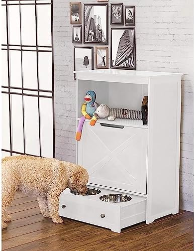 Windsor Pet Feeders with storage - dog bowl stand, pet feeder station, White 13.78?D x 24.02?W x 35.04?H