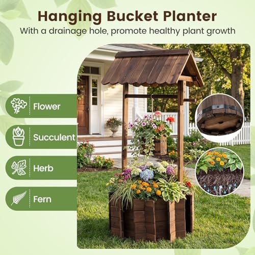Giantex Wooden Wishing Well Planter with Hanging Bucket, Carbonized Fir Wood Outdoor Garden Planter for Flowers