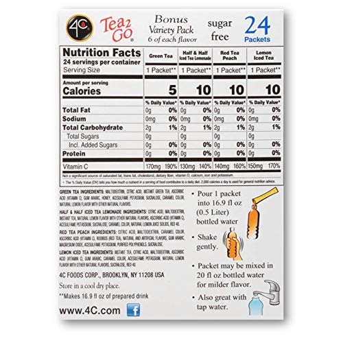 4C Powder Drink Mix Packets, Iced Tea Variety 1 Pack, 24 Count, Singles Stix On the Go, Refreshing Sugar Free Water Flavorings