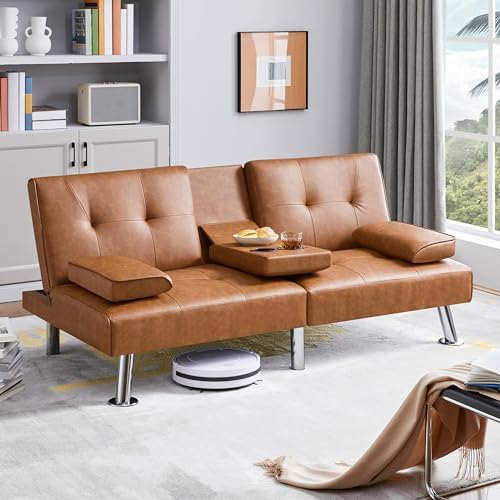 Yaheetech Convertible Futon Sofa Bed Loveseat with Cup Holder, Black
