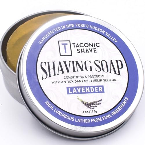Taconic Lavender Natural Shaving Soap Puck, Rich Lather | Calming lavender aroma pairs with moisturizing natural oils to build rich protective lather for a comfortable wet shave.