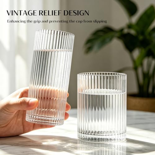 INSETLAN Set of 8 Vintage Glassware - 4 Highball Glasses 12 oz, 4 Rocks Glass Cups 14 oz, Ribbed Glassware Cocktail Glasses, Ideal for Wine, Juice