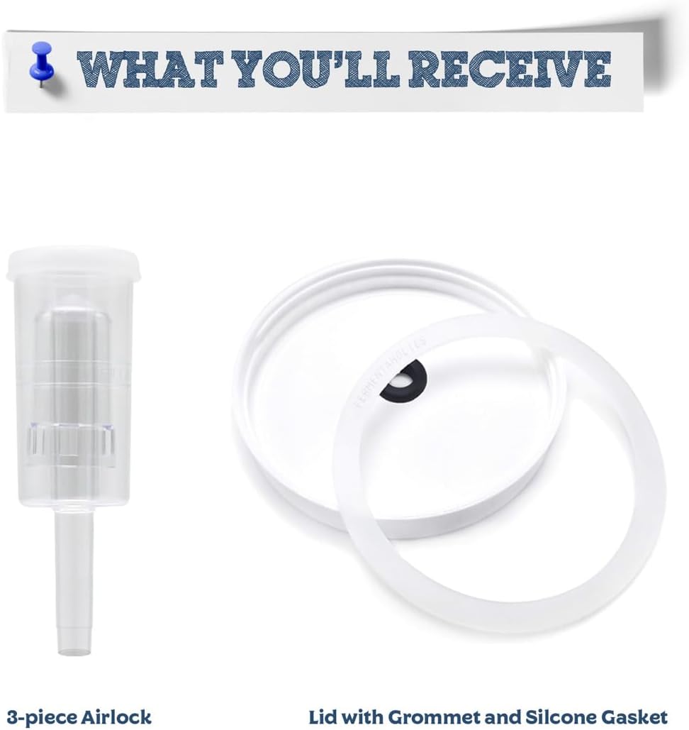 Airtight One Gallon Standard Fermentation Lid Gasket with Airlock - Turns Gallon Jar Into A Fermenter - Hard Kombucha, Beer, Wine, Cider, (S-Airlock)
