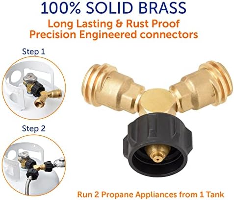 Flame King Propane Tank Y Splitter Adapter with Valves, 2-Way LP Gas Connector for 20lb Propane Tank Cylinders, Works with BBQ Grills, Camping Stoves
