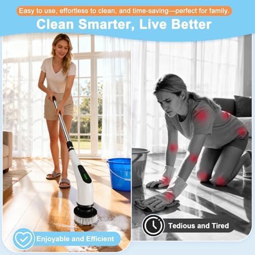 Electric Spin Scrubber, Cordless Cleaning Brush with 8 Replaceable Brush Heads, Shower Scrubber with Adjustable Extension Handle