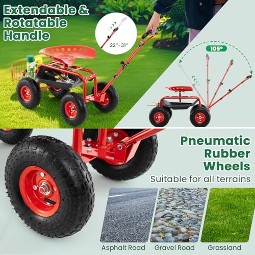 Giantex Rolling Garden Cart with Seat, 4-Wheel Gardening Workseat with Storage Basket, Swivel Stool Adjustable Seat, Steering Handle