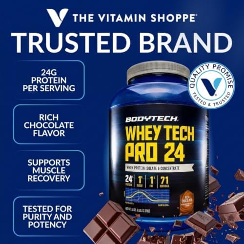 BodyTech Whey Protein Isolate Powder, Rich Chocolate, 5 LB, 71 Servings | 24G per Serving, High Concentrated Protein Powder With Amino Acids & BCAAs for Men and Women, Gluten Free