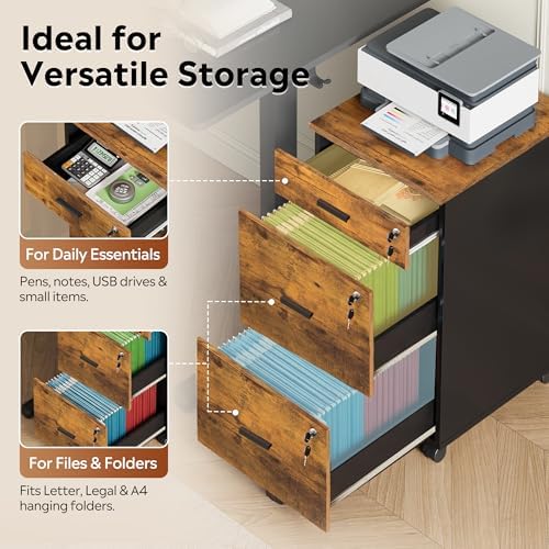 DEVAISE 3 Drawer File Cabinet with Lock & Wheels, Wood Printer Stand | Mobile Filing Cabinet Fits Letter/A4 Size; Rustic Brown Wood Printer Stand Keeps Home Office Files Secure And Organized