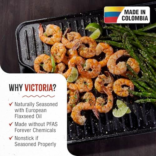 Victoria Rectangular Cast Iron Griddle. Double Burner Griddle, Reversible Grill, 13 x 8.5 Inch, Seasoned with 100% Kosher Certified Non-GMO Flaxseed Oil, Model: GDL-189
