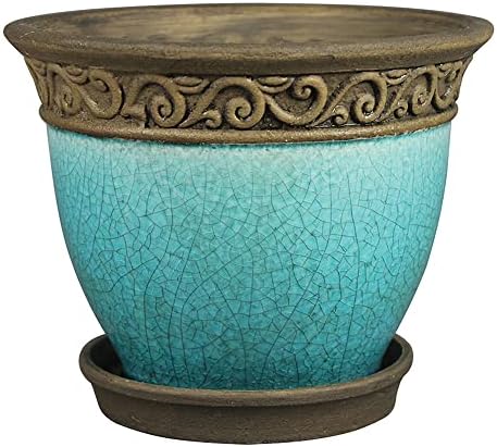 Southern Patio Cadiz 8 Inch Diameter Crackled Glazed Ceramic Indoor Outdoor Garden Planter Pot Urn with Saucer for Flowers, Herbs, and Plants, Teal