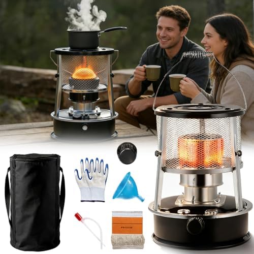 Indoor Heater Non-Electric, 9000 BTU Portable Kerosene Heater for Indoor & Outdoor Use, with Cooking Function, 6 Wicks & Bag, Height Adjustable for Camping, Emergency Heat & Survival (Black)