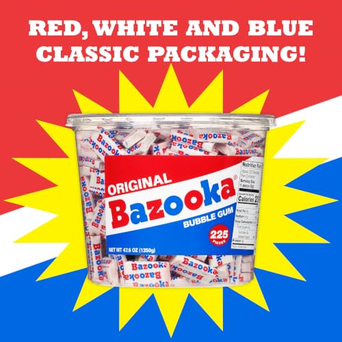 Bazooka Bubble Gum Bulk, 225 Count Tub of Chewing Gum | Individually Wrapped, Old Fashioned 90's Candy for Baseball, Party Favors, Goodie Bags