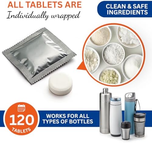 Skyis Water Bottle Cleaning Tablets 120 Pack, Up to 2 Years Supply, No Scrub Bottle Cleaner for Stainless Steel, Tumbler, Hydration Bladder