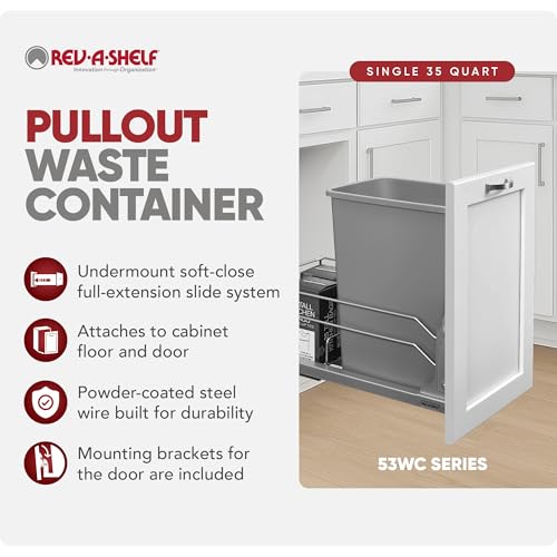 Rev-A-Shelf 35 Qt Pull Out Trash Can with Soft Close for Under Kitchen Cabinets, Min Opening Width of 11.5", Metallic Silver, 53WC-1535SCDM-117