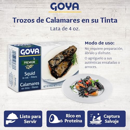 Goya Calamares Tinta Squid, Ready to Eat Seafood, Salads, 4 oz. Pack of 3 | Ready to Eat Seafood for Tapas, Pasta, Rice and Salads