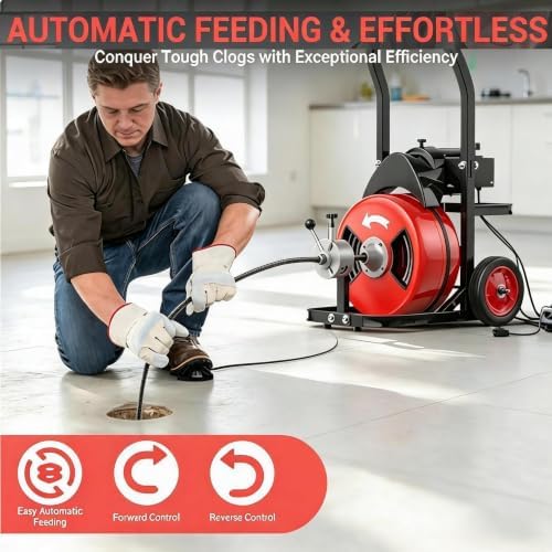 100Ft 3/4 Inch Drain Cleaning Machine. Sewer Snake 750w Auto Feed | Portable Drain Cleaning Machine Electric Drain Auger Sewer Auger with 6 Cutter Air-Activated Foot Switch for 4" to 8" Pipes
