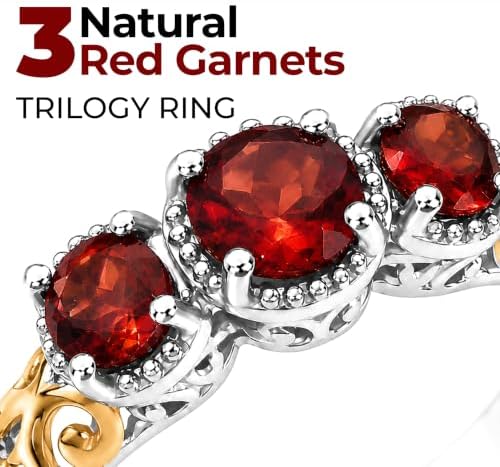3 Stone Garnet Ring Silver with 14K Gold Plating January Birthstone Ring