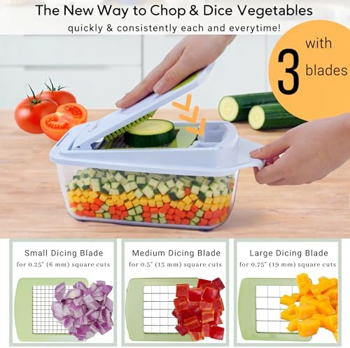 Brieftons QuickPush Manual Vegetable Chopper: 8-Cup Push-Down Onion Dicer & Food Chopper, 3 German Steel Blades