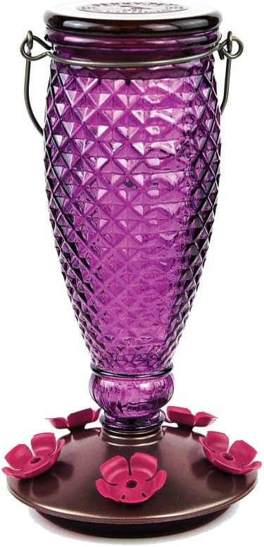 Perky-Pet Diamond Wine Top Fill Glass Hummingbird Feeder, 24 oz Capacity | Built-in Bee Guards for Outdoors, Purple Hanging Wild Bird Feeder
