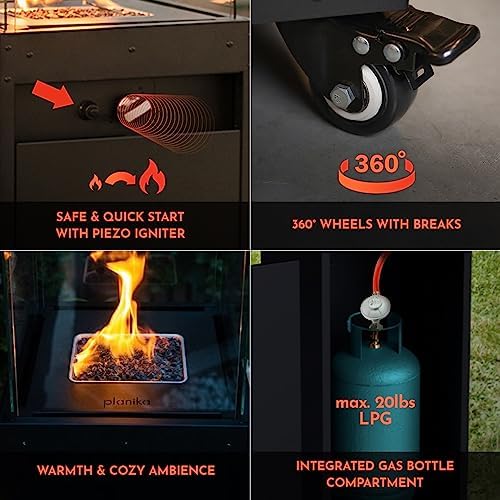Planika Faro 41, 000 BTU Propane Patio Heater 59" Modern Freestanding Glass Tower with Wheels, Smokeless 360° Flame