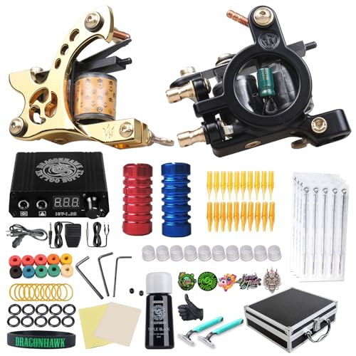Dragonhawk Complete Tattoo Kit for Beginners 2 Pro Tattoo Machine Tattoo Power Supply Kit Tattoo Inks 20 Tattoo Needles Tips Tattoo Supplies