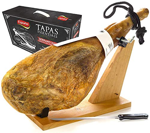 Serrano Ham Bone in from Spain 15 - 17 lb + Ham Stand + Knife + Ham Cover + Ham Tongs - Cured Spanish Jamon with NO Nitrates or Nitrites Espuña