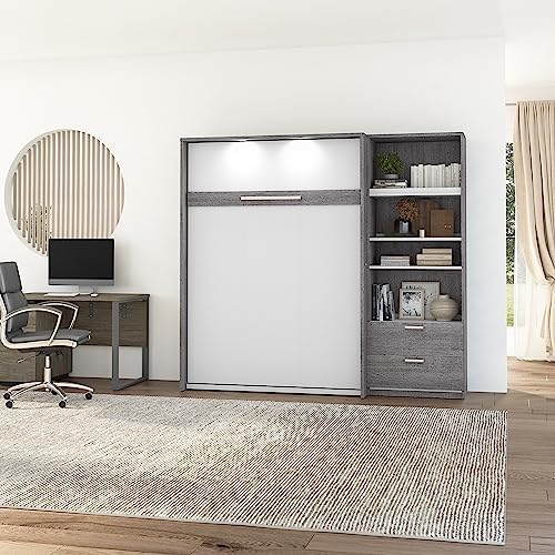 Bestar Cielo Full Murphy Bed with Closet Organizer (89W) in Bark Gray and White, Sleeping Arrangement for Multipurpose Room | Closet Organizer