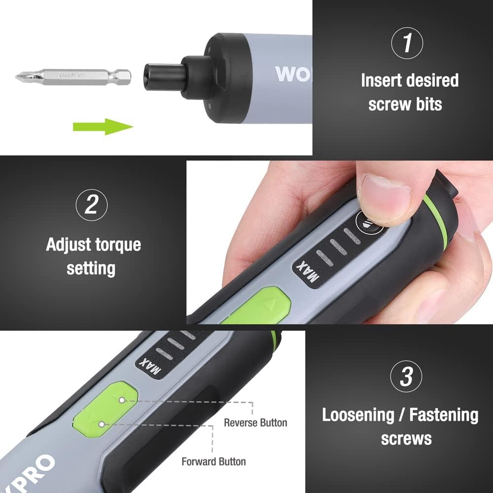 WORKPRO 4V Electric Screwdriver, Rechargeable Cordless Screwdriver Set with 35 Bits, Extension Rod, USB Charging Cable in Carrying Case, LED Light