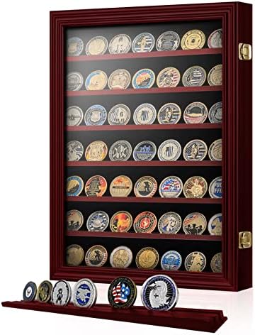 ASmileIndeep 7 Rows Military Challenge Coin Holder Display Cabinet Wall Mount with HD Tempered Glass, Holds 100 Coins, Wooden Medal Display Case Shadow Box with Removable Shelves, Mahogany
