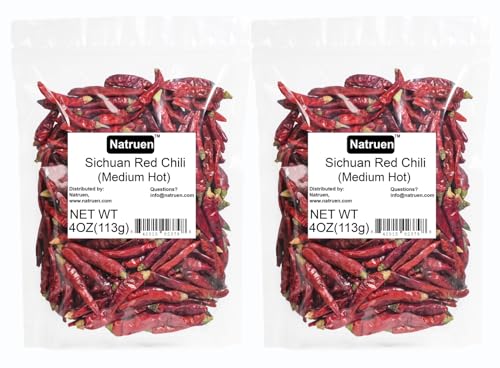 Natruen Dried Sichuan Red Chili Pods 4 oz, Medium Hot, Whole Chilies