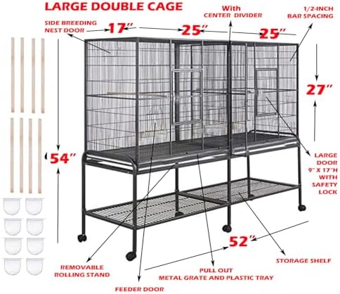 64" Extra Large Double Flight Bird Wrought Iron Double Cage Slide Out Center Divider Side Nesting Box Door Parrot Cage Cockatiel Conure with Removable Rolling Stand Storage Shelf