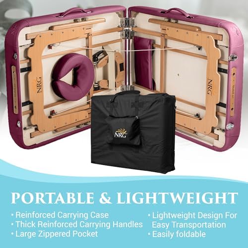 NRG Vedalux Portable Massage Table Package | Burgundy | Folding Lightweight Massage Bed | Professional Spa Table with Face Cradle, Hanging Armrest & Carrying Case