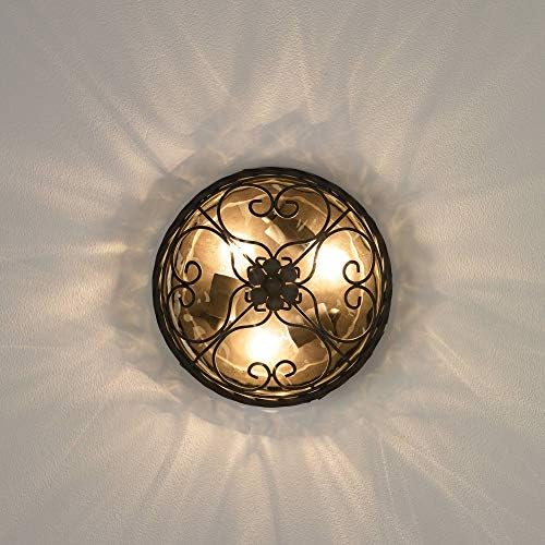Casa Seville 12" Walnut Rustic Indoor-Outdoor Ceiling Light Fixture | Flush-Mount Dark Scroll Water Glass Damp Rated for Exterior House Porch Patio Outside Deck Garage Front Door Home