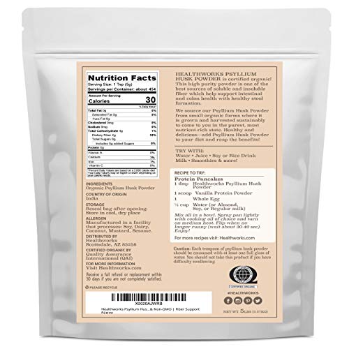 Healthworks Superfoods Organic Psyllium Husk Powder 2 lb Keto Soluble Fiber | Organic, Powder, 1 lb, Soluble Fiber, Digestive Support, Keto, Non-GMO, Vegan, For Gut Health, Prebiotic, Gluten-Free, Paleo