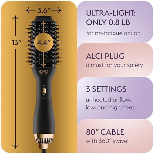 Professional Blowout Hair Dryer Brush, Black Gold Dryer and Volumizer, Hot Air Brush for Women, 75MM Oval Shape (Black Gold)