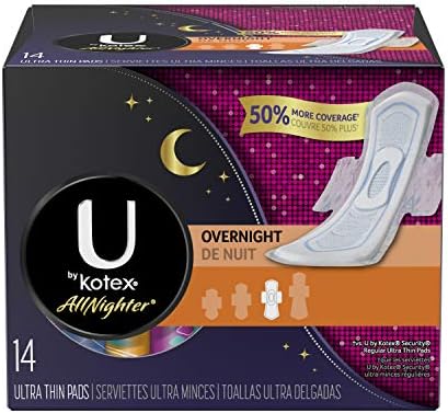U by Kotex AllNighter Ultra Thin Overnight Pads with Wings, Fragrance-Free, 6 Packs of 14 Pads (84 Pads Total)