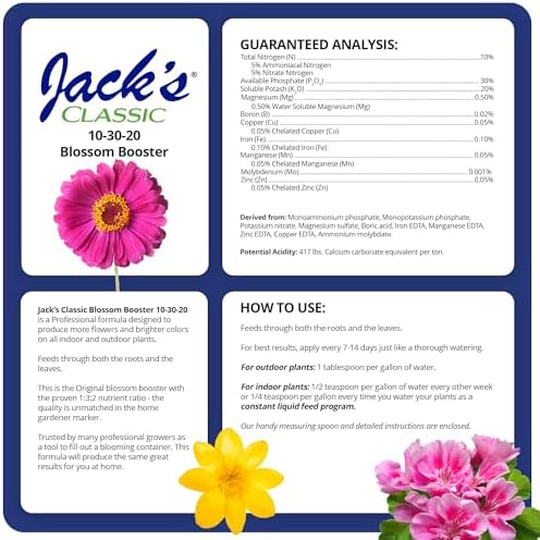 Jack's Classic 10-30-20 Blossom Booster Water-Soluble Fertilizer, 4lb | Powdered Plant Food, Targeted Micronutrient Package, Increases Bloom Color & Quantity, Liquid Root & Foliar Feeding