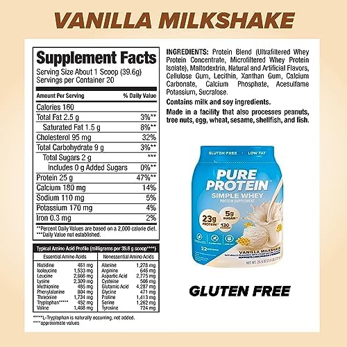 Pure Protein Powder, French Vanilla, Low Sugar, Gluten Free, 1.6 lbs | Natural Whey, High Protein
