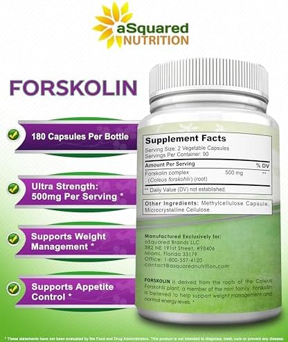 aSquared Nutrition Forskolin 500mg Per Serving Max Strength-180 Capsules, Supplement for Pure Weight Loss Fuel