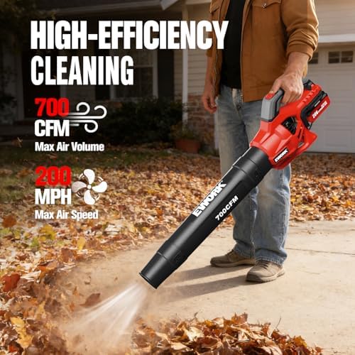 EWORK 20V 700CFM Cordless Leaf Blower with 2×4.0Ah Batteries and Charger | 2-Speed Adjustable Powerful Handheld Electric Leaf Blowers for Lawn Care