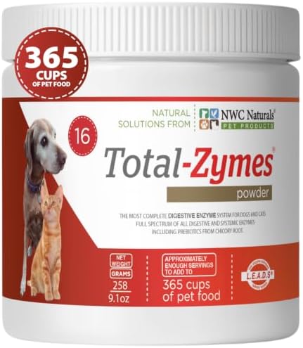 Total-Zymes Digestive Enzymes for Dogs and Cats, 8 oz. Powder | Unflavored Daily Powder, Mix 1 Scoop per Cup of Food, 16 Plant-Based Enzymes and Prebiotic Support Digestion and Absorption