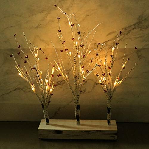 Battery Operated w/Timer Illuminated Pip Berry Tree Centerpiece Lighted Three Trees Tabletop LED Lights, for Home/Party/Wedding/Festival/Indoor Decoration, 21-Inch