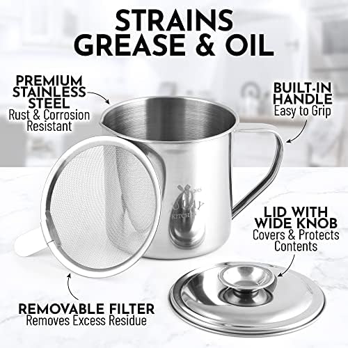 Zulay Bacon Grease Container With Strainer, Lid & Handle -Large, 1L Stainless Steel - Perfect For Kitchen, Storing Ghee, Fats & Frying/Cooking Oils