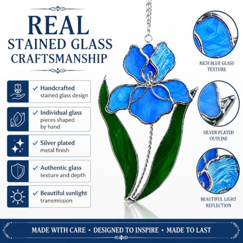 Blue Iris Stained Glass Suncatcher 7x4 Inch – Real Stained Glass Silver Plated Hanging Flower Ornament – Christian Symbol of Faith Wisdom Hope