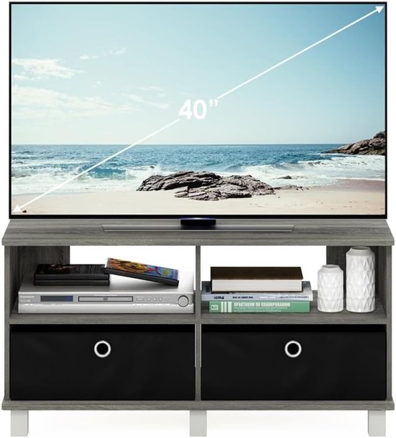 Furinno Andrey Entertainment Center with Bin Drawers, French Oak Grey/Black | Open Shelf TV Console for TV up to 46 Inch with Bin Drawers