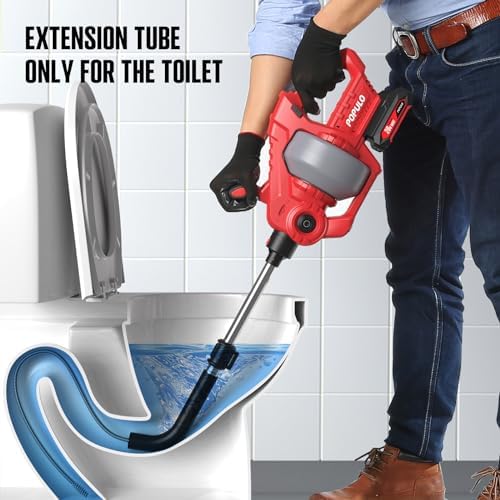 POPULO 20V Cordless Electric Drain Snake, 25Ft Replaceable Cable with 2.0Ah Battery, Extension Tube & Charger