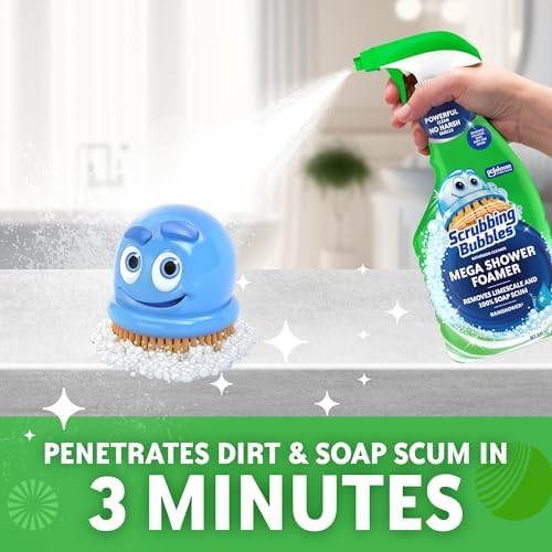 Scrubbing Bubbles Mega Bathroom and Shower Cleaner Spray, Foaming Action Removes Limescale and Soap Scum, Rainshower Scent, 32oz