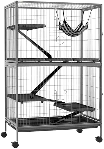 PawHut Metal Small Animal Cage, 4-Tiers Rolling Big Ferret Cage, Gray